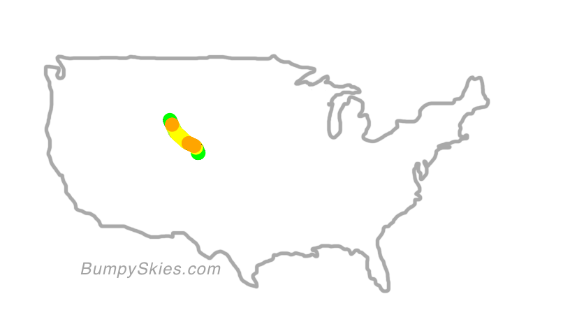 Map of continental US with illustrated flight path and turbulence forecast (described in text below)