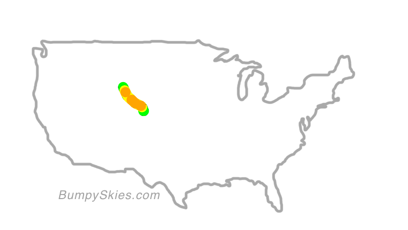 Map of continental US with illustrated flight path and turbulence forecast (described in text below)