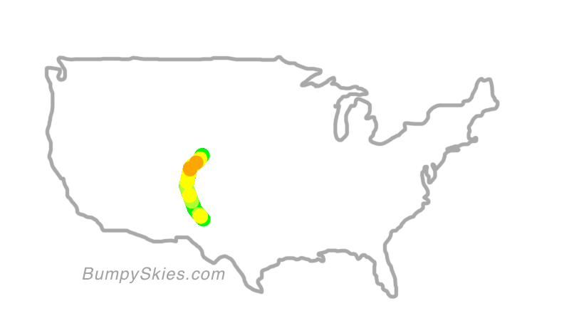 Map of continental US with illustrated flight path and turbulence forecast (described in text below)