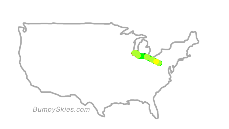 Map of continental US with illustrated flight path and turbulence forecast (described in text below)