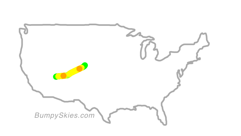 Map of continental US with illustrated flight path and turbulence forecast (described in text below)