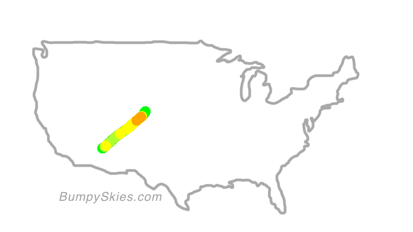 Map of continental US with illustrated flight path and turbulence forecast (described in text below)
