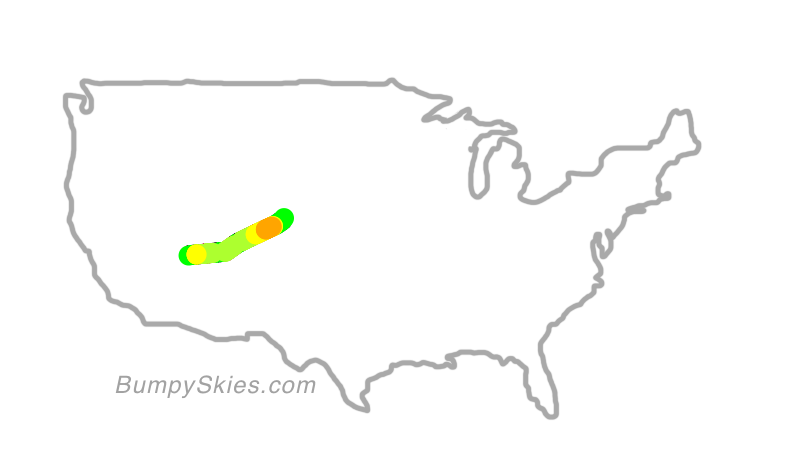 Map of continental US with illustrated flight path and turbulence forecast (described in text below)