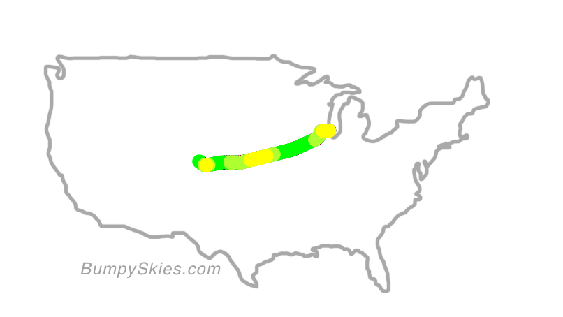 Map of continental US with illustrated flight path and turbulence forecast (described in text below)