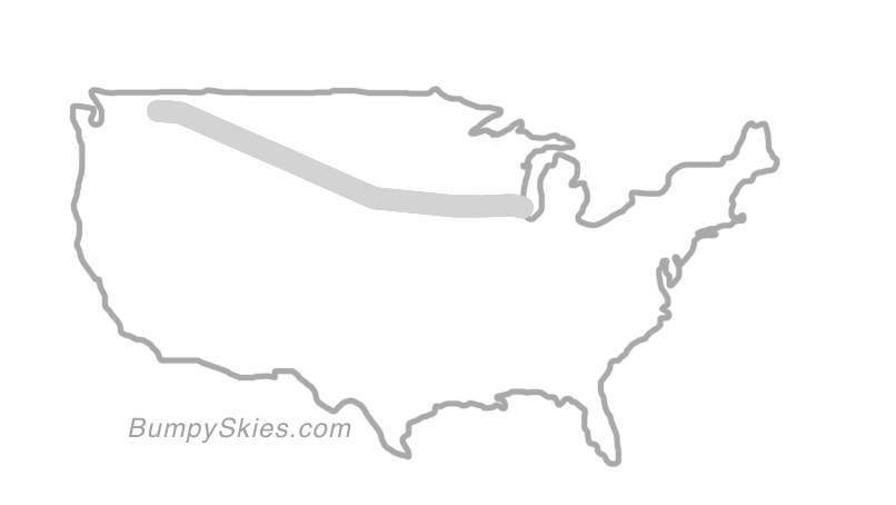 Map of continental US with illustrated flight path and turbulence forecast (described in text below)