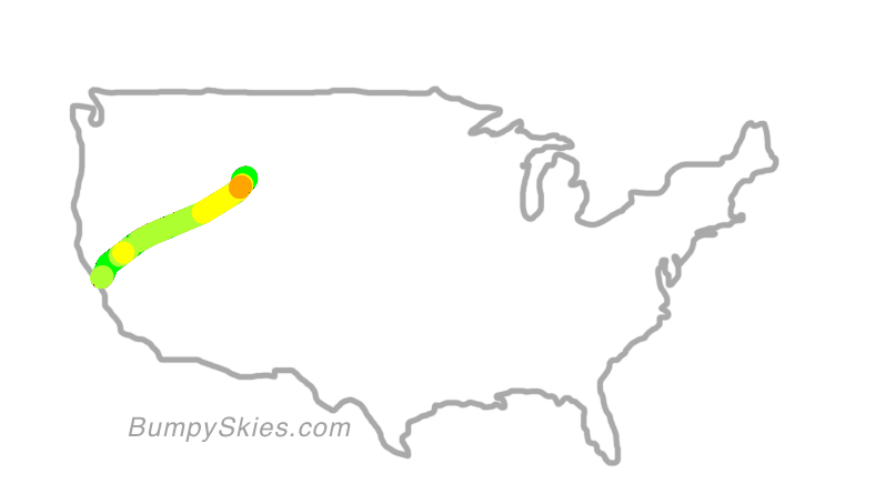 Map of continental US with illustrated flight path and turbulence forecast (described in text below)