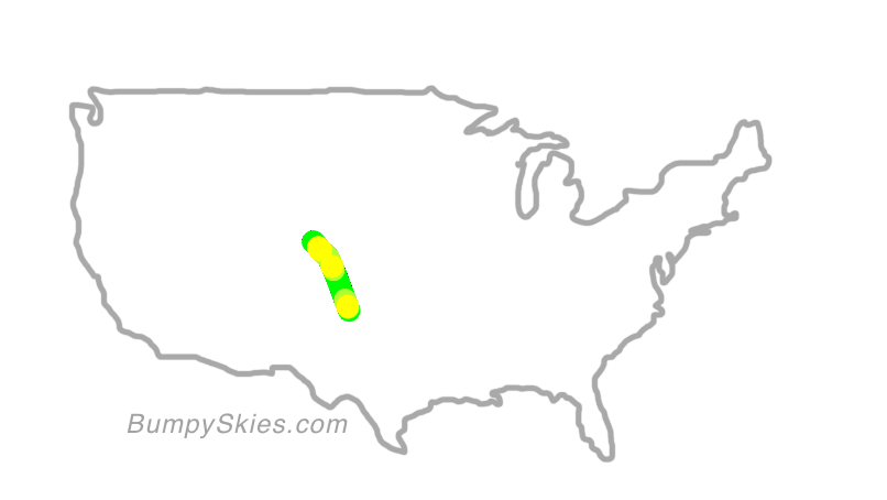 Map of continental US with illustrated flight path and turbulence forecast (described in text below)