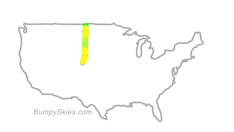 Map of continental US with illustrated flight path and turbulence forecast (described in text below)