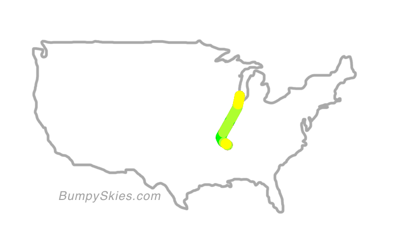 Map of continental US with illustrated flight path and turbulence forecast (described in text below)