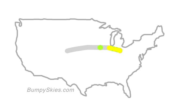 Map of continental US with illustrated flight path and turbulence forecast (described in text below)