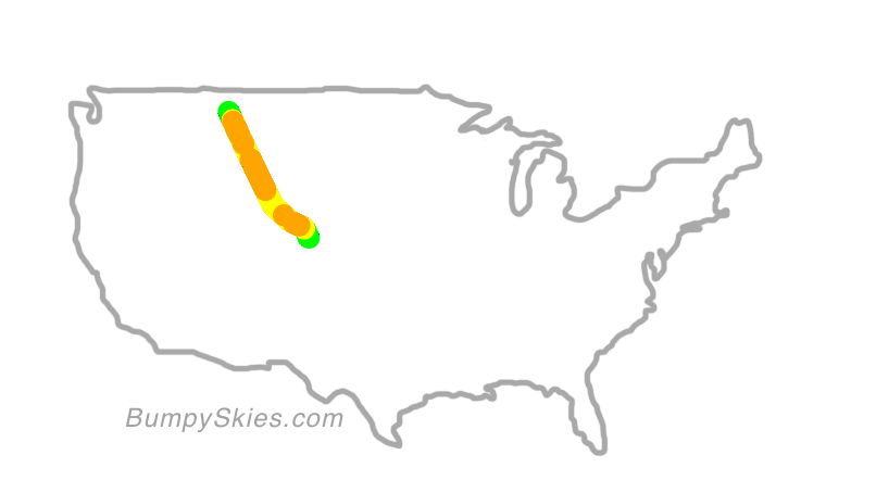Map of continental US with illustrated flight path and turbulence forecast (described in text below)