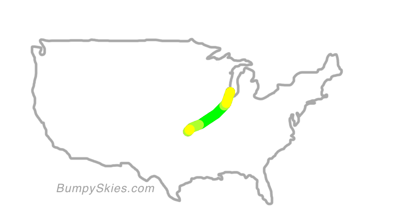Map of continental US with illustrated flight path and turbulence forecast (described in text below)