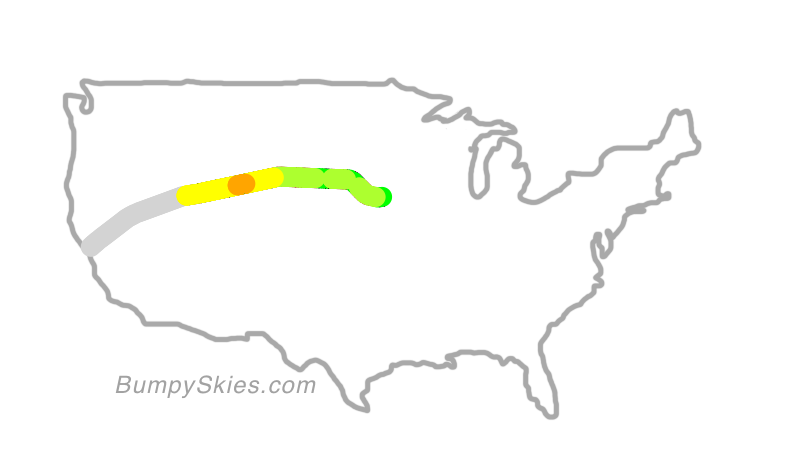 Map of continental US with illustrated flight path and turbulence forecast (described in text below)