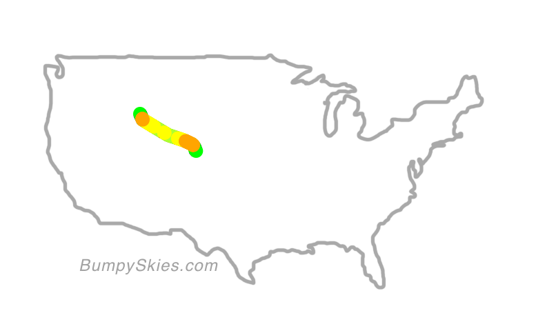 Map of continental US with illustrated flight path and turbulence forecast (described in text below)