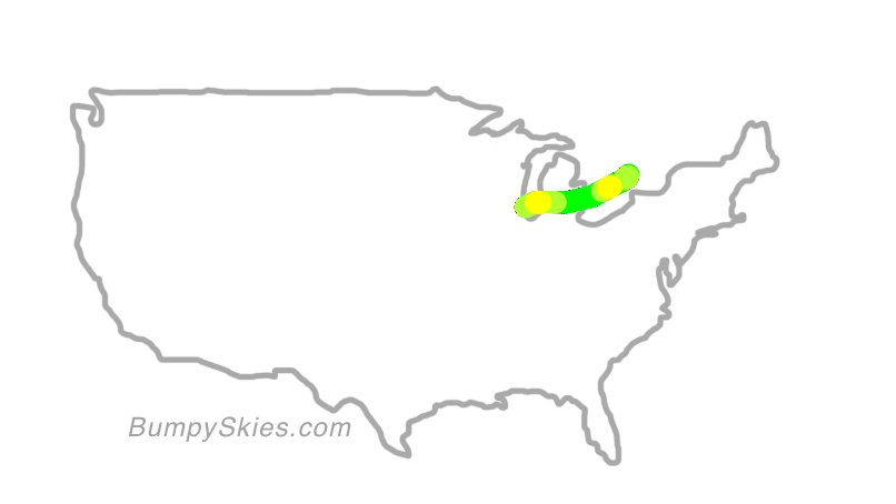 Map of continental US with illustrated flight path and turbulence forecast (described in text below)