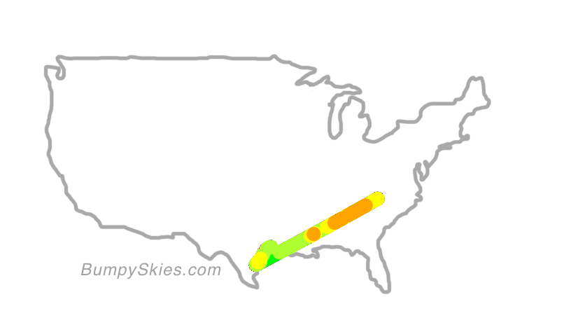 Map of continental US with illustrated flight path and turbulence forecast (described in text below)