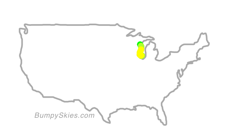 Map of continental US with illustrated flight path and turbulence forecast (described in text below)