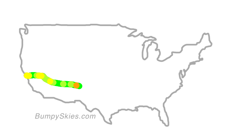 Map of continental US with illustrated flight path and turbulence forecast (described in text below)