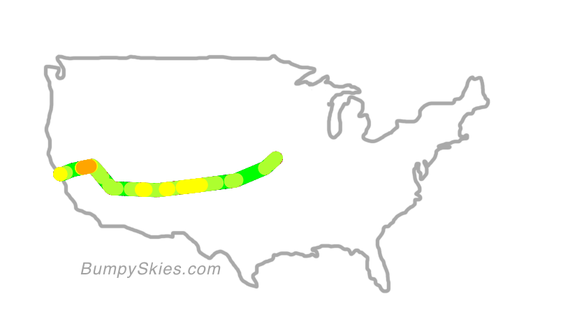 Map of continental US with illustrated flight path and turbulence forecast (described in text below)