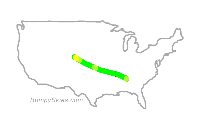 Map of continental US with illustrated flight path and turbulence forecast (described in text below)