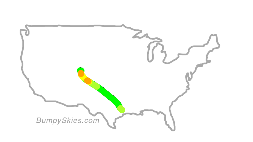 Map of continental US with illustrated flight path and turbulence forecast (described in text below)
