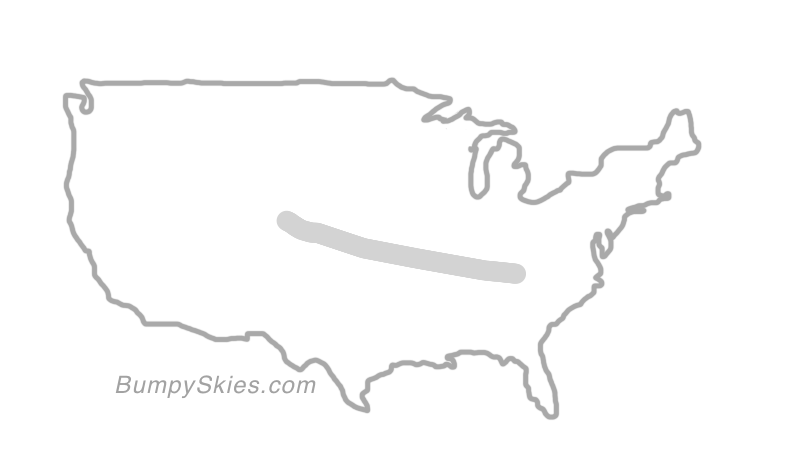 Map of continental US with illustrated flight path and turbulence forecast (described in text below)