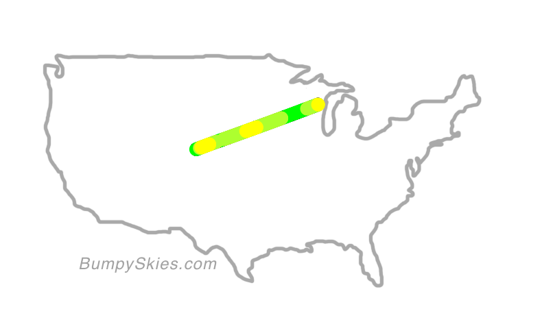 Map of continental US with illustrated flight path and turbulence forecast (described in text below)