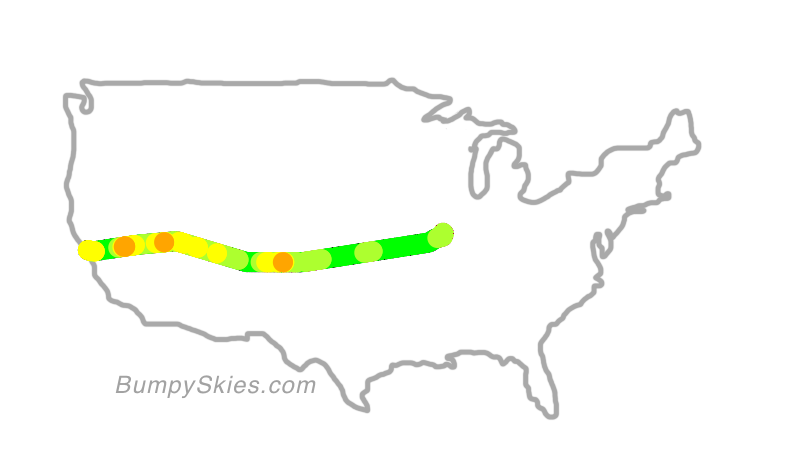 Map of continental US with illustrated flight path and turbulence forecast (described in text below)