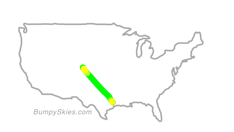 Map of continental US with illustrated flight path and turbulence forecast (described in text below)