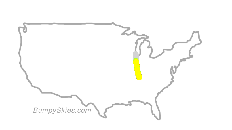 Map of continental US with illustrated flight path and turbulence forecast (described in text below)