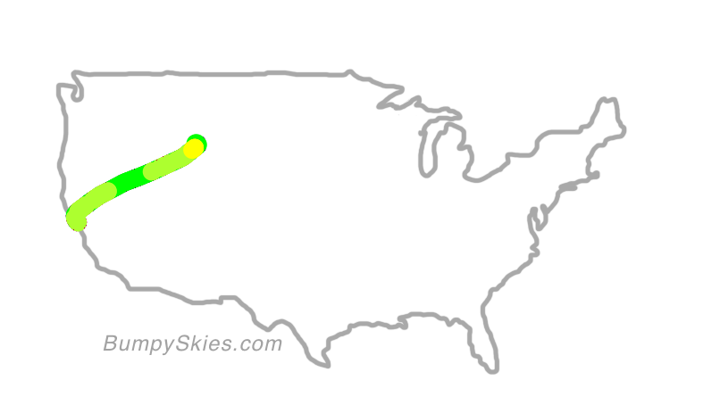 Map of continental US with illustrated flight path and turbulence forecast (described in text below)