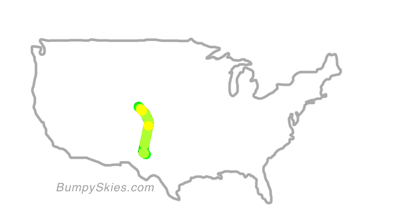 Map of continental US with illustrated flight path and turbulence forecast (described in text below)