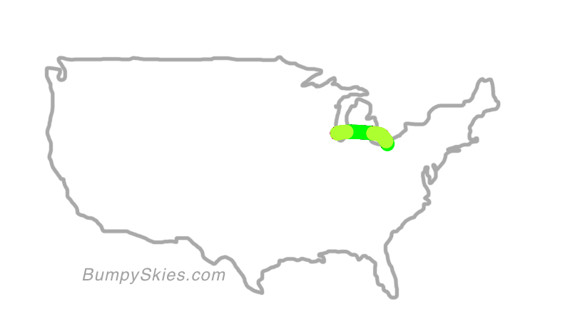 Map of continental US with illustrated flight path and turbulence forecast (described in text below)