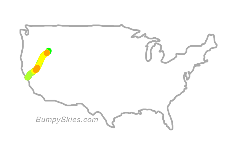 Map of continental US with illustrated flight path and turbulence forecast (described in text below)