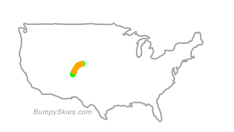 Map of continental US with illustrated flight path and turbulence forecast (described in text below)