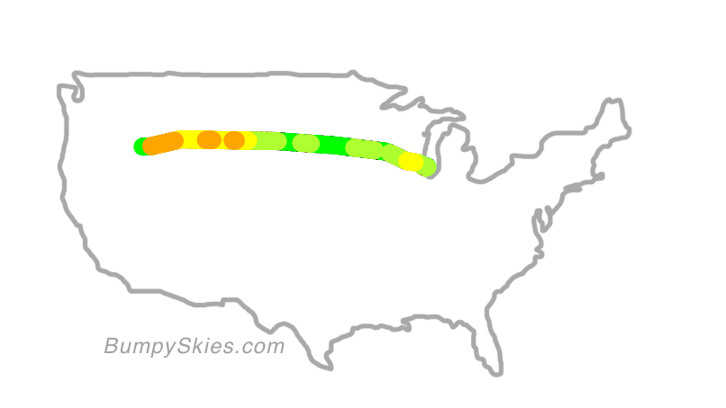 Map of continental US with illustrated flight path and turbulence forecast (described in text below)