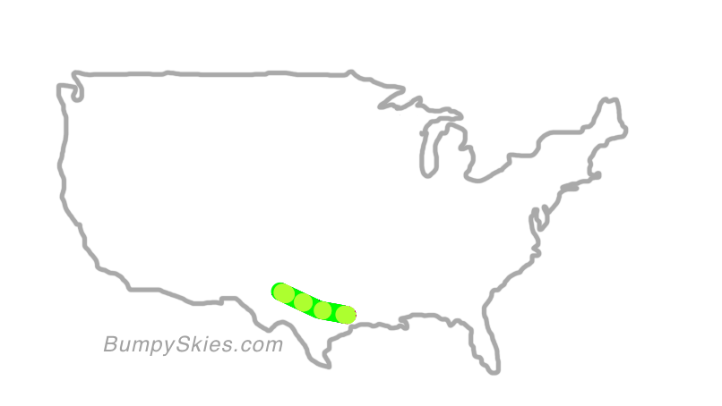 Map of continental US with illustrated flight path and turbulence forecast (described in text below)