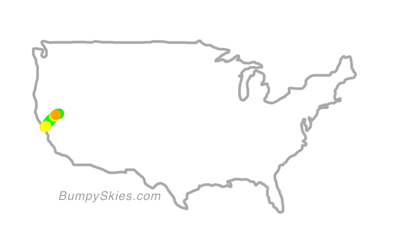Map of continental US with illustrated flight path and turbulence forecast (described in text below)