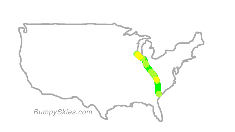 Map of continental US with illustrated flight path and turbulence forecast (described in text below)