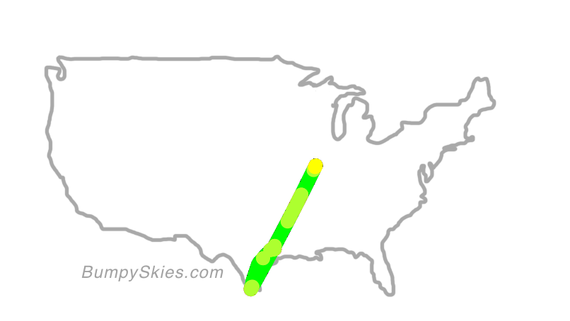 Map of continental US with illustrated flight path and turbulence forecast (described in text below)