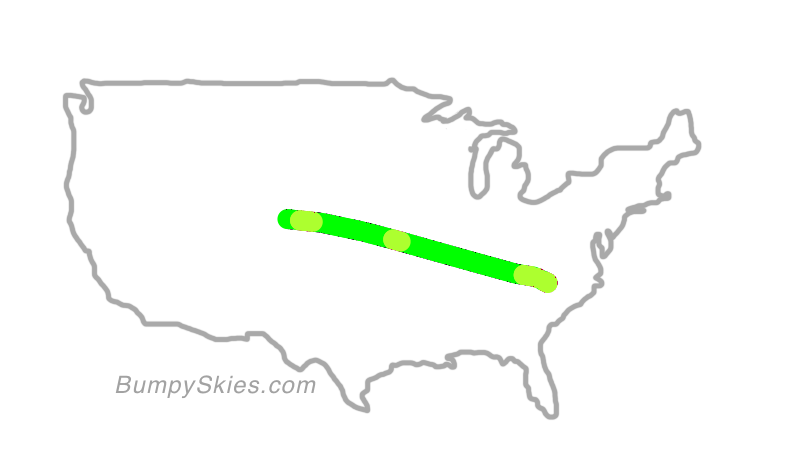 Map of continental US with illustrated flight path and turbulence forecast (described in text below)