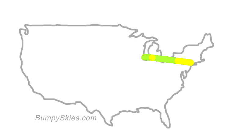 Map of continental US with illustrated flight path and turbulence forecast (described in text below)