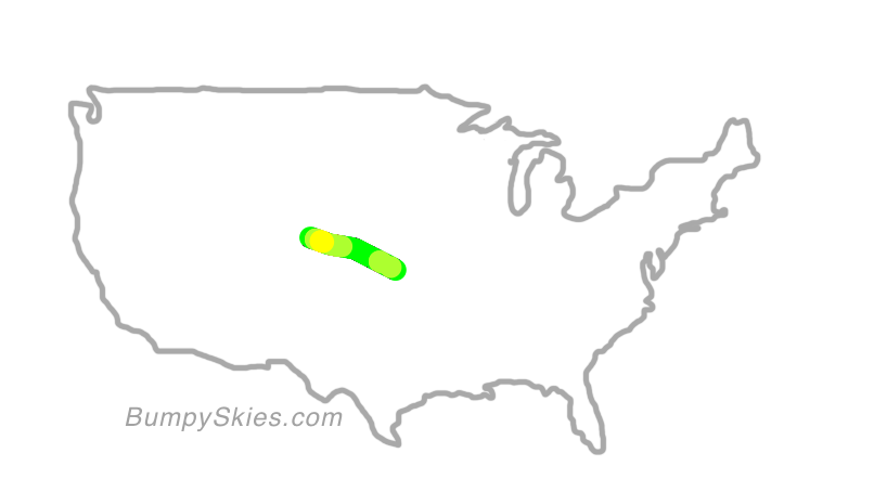 Map of continental US with illustrated flight path and turbulence forecast (described in text below)