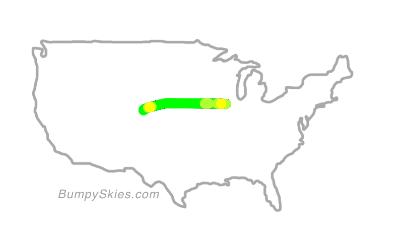 Map of continental US with illustrated flight path and turbulence forecast (described in text below)