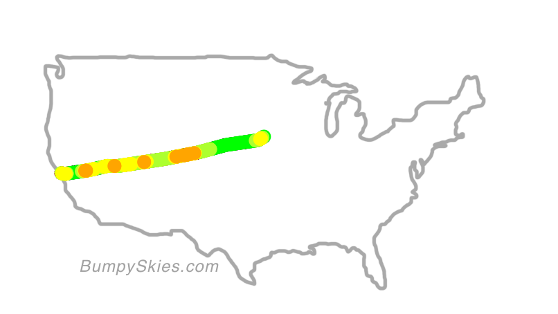 Map of continental US with illustrated flight path and turbulence forecast (described in text below)