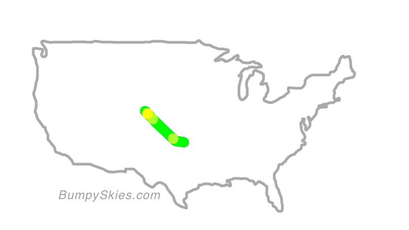 Map of continental US with illustrated flight path and turbulence forecast (described in text below)