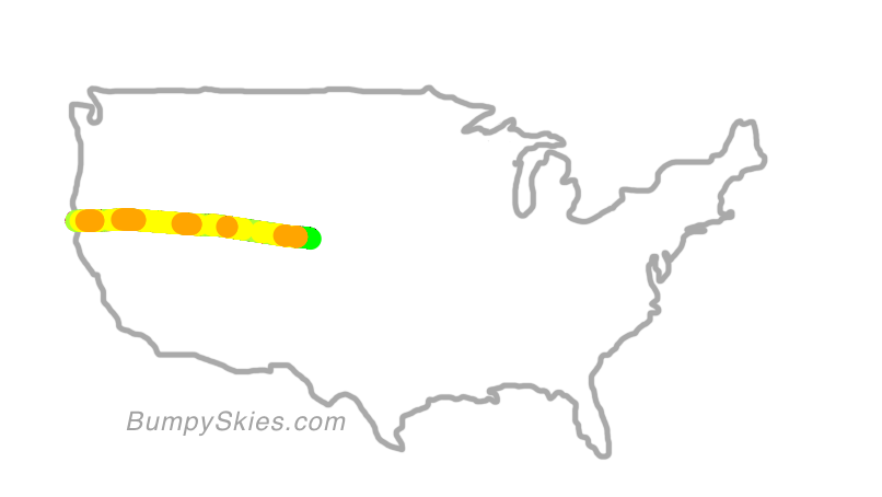 Map of continental US with illustrated flight path and turbulence forecast (described in text below)