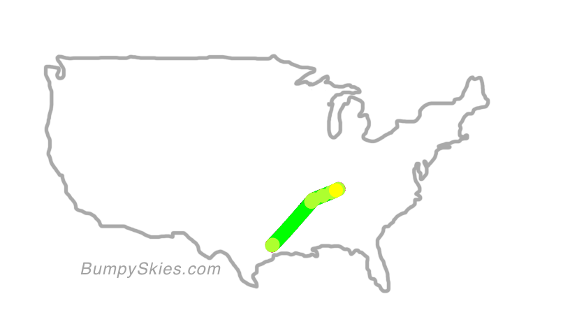Map of continental US with illustrated flight path and turbulence forecast (described in text below)