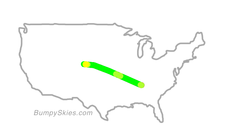 Map of continental US with illustrated flight path and turbulence forecast (described in text below)