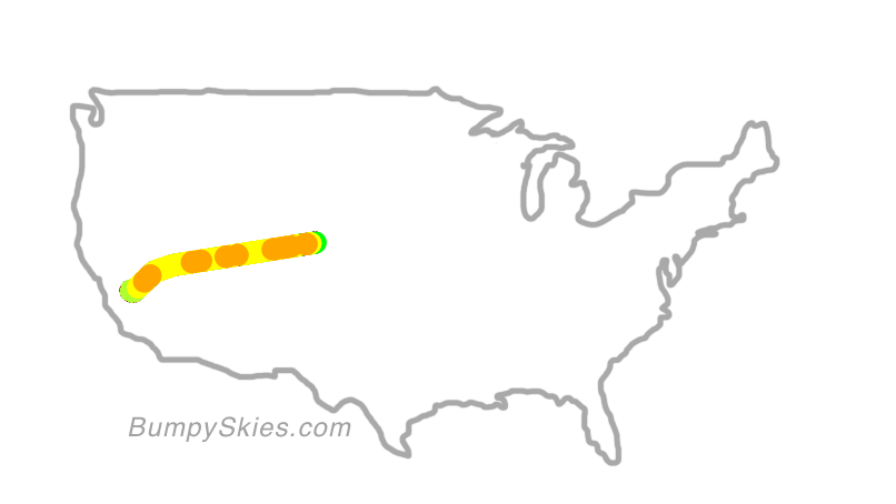 Map of continental US with illustrated flight path and turbulence forecast (described in text below)